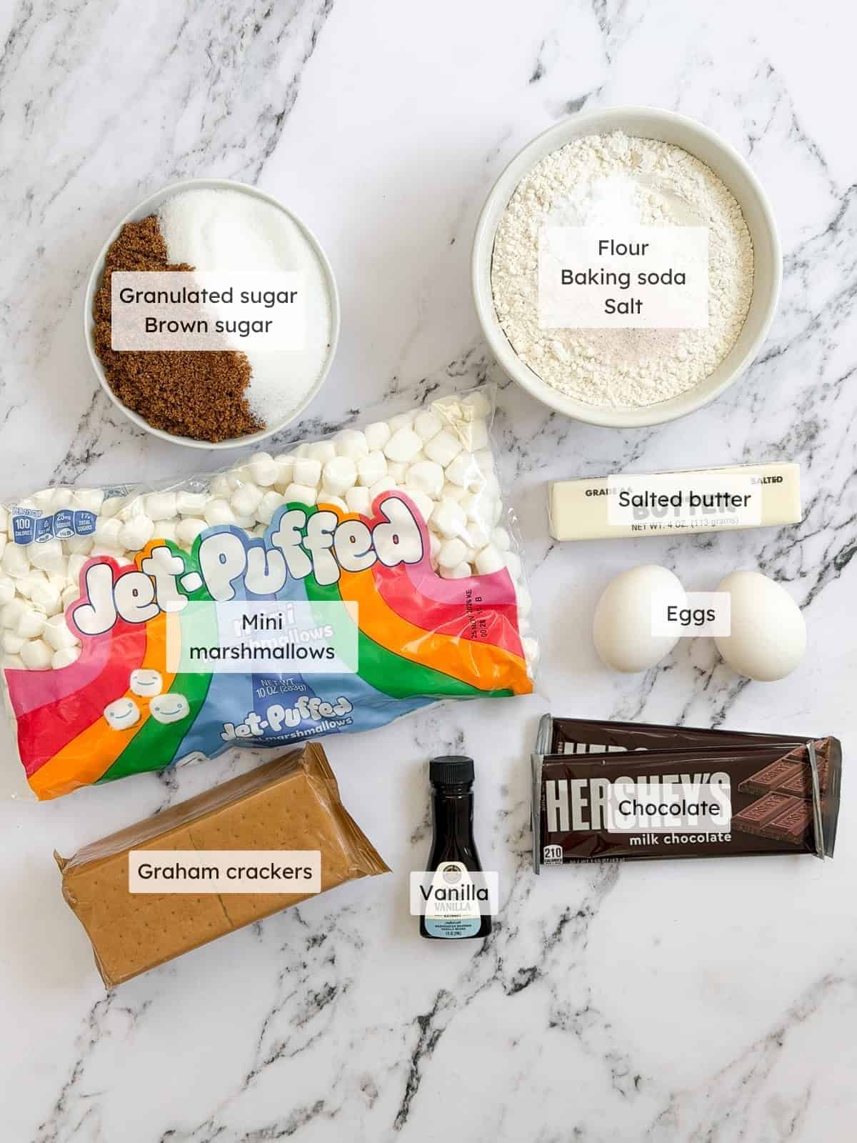All of the ingredients needed to make easy s'mores cookie bars.