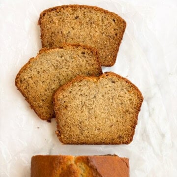 sour cream banana bread cut into slices.