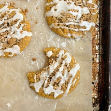 a bite missing from one of the pumpkin coffee cake cookies.