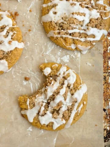 a bite missing from one of the pumpkin coffee cake cookies.