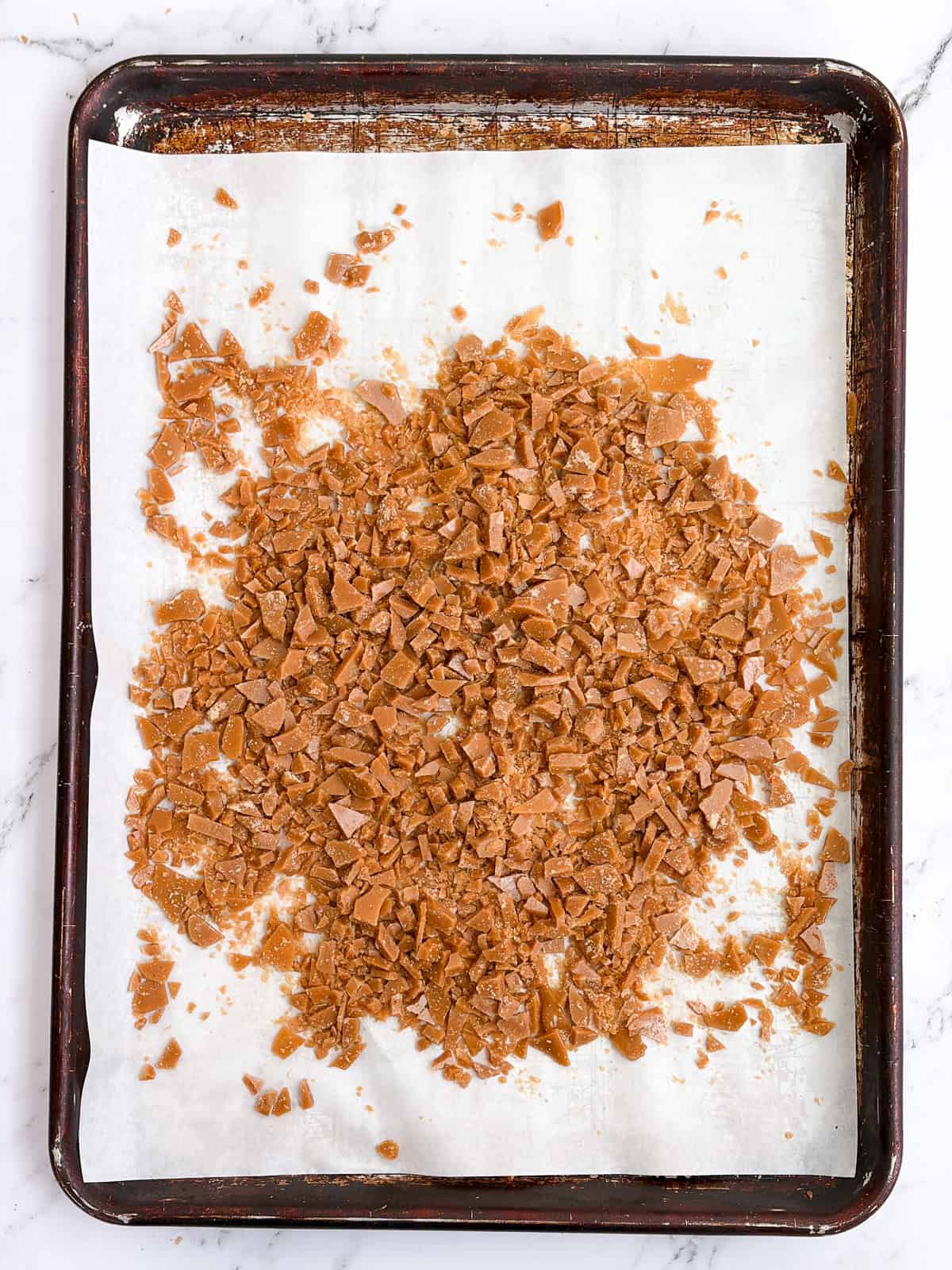 all the homemade toffee bits broken into a million pieces.