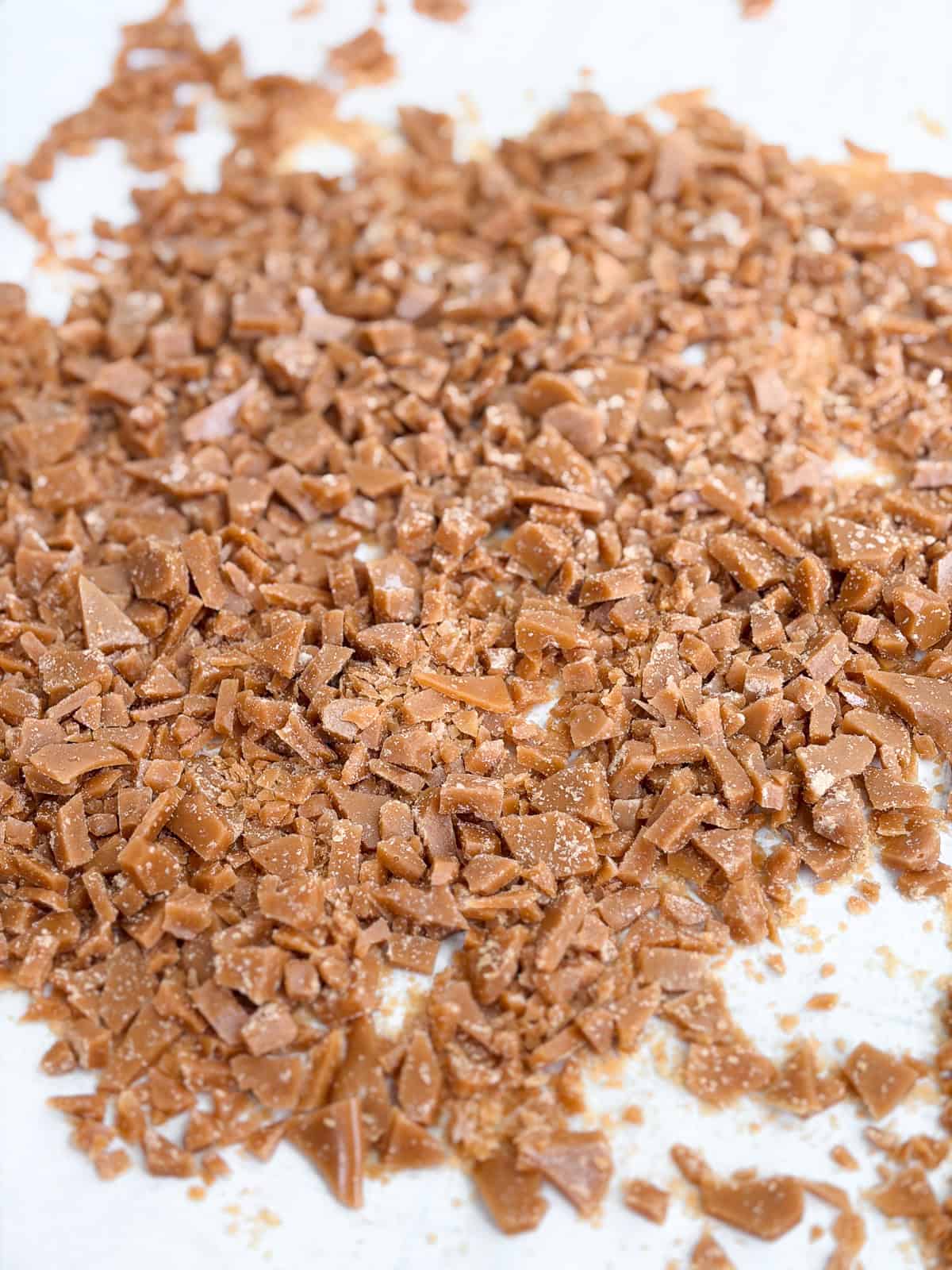 a close up of the homemade toffee bits.