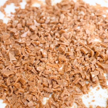 a close up of the homemade toffee bits.