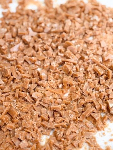 a close up of the homemade toffee bits.