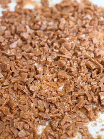 a close up of the homemade toffee bits.