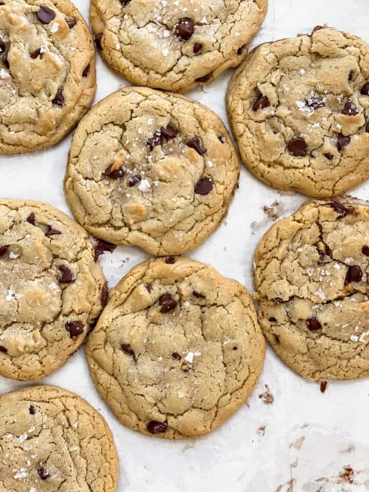 no butter chocolate chip cookies all lined up.