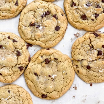 no butter chocolate chip cookies all lined up.